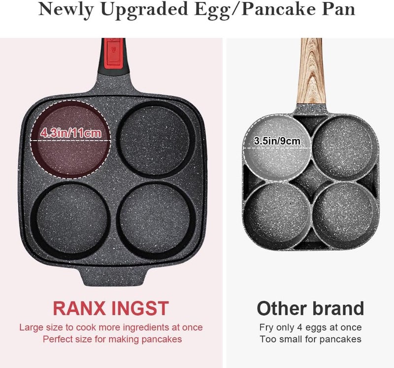 RANX INGST 10 inch Large Egg Pan with Lid, 4-Cup Pancake Pan Nonstick Omelette Skillet with Detachable Handle Induction Compatible - Black - Image 3